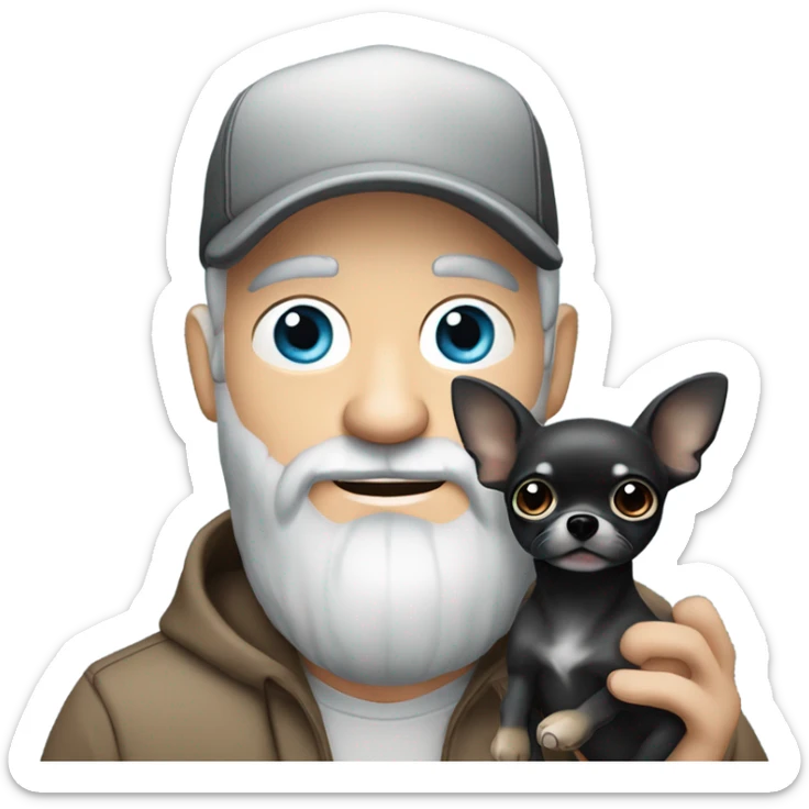 Handsome blue eyed man, with grey hair,  and grey goatee beard, wearing ball cap, holding ‘a black long hair chihuahua’ sticker