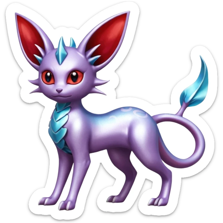 Mechanical Silvery Iridescent Miraidon-Espeon-Mewtwo-Vaporeon-Fakémon-hybrid-creature (full body)  with red eyes and intricate markings sticker