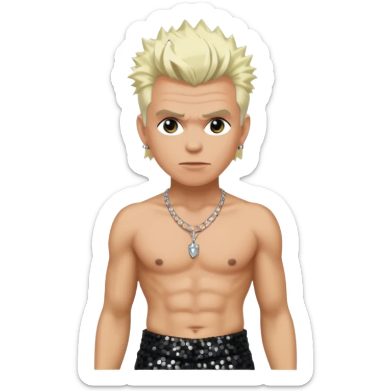 Billy Idol with platinum blonde hair, black sequin baggy pants, shirtless with necklace sticker