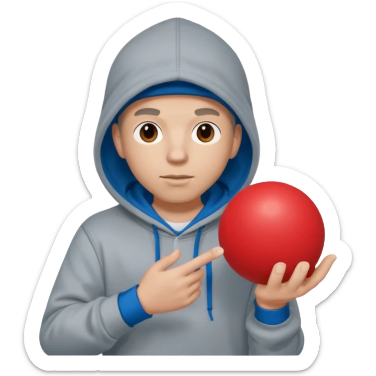 white rapper in a hoodie holding a blue ball in one hand and a red ball in the other sticker