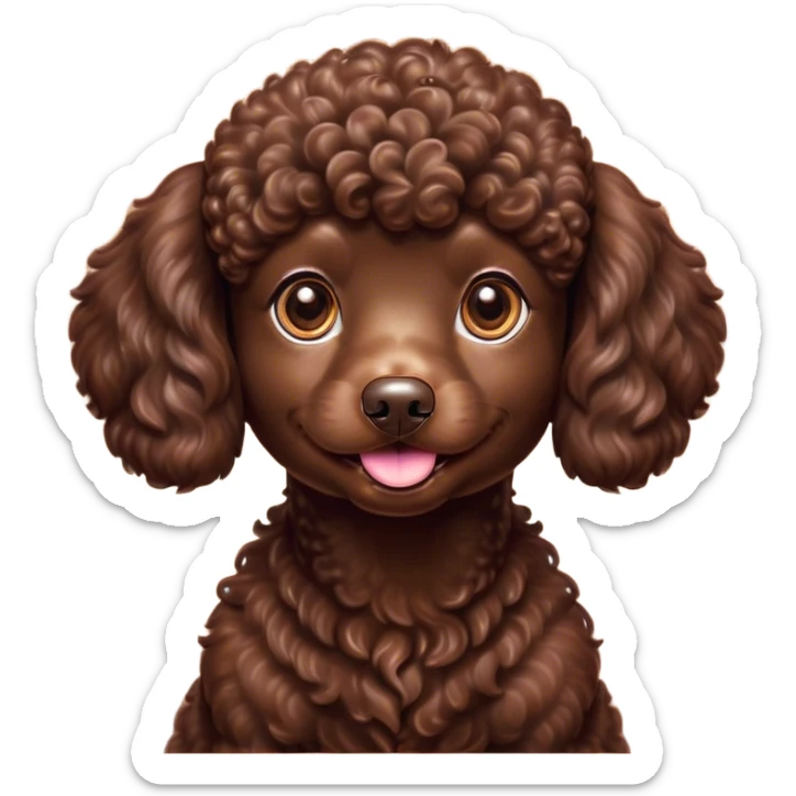 Cinematic Cute Chocolate Poodle Portrait Emoji, Head tilted playfully and inquisitively, showcasing a bouncy, curly chocolate Fur with a healthy sheen, round, sparkling brown eyes filled with curiosity, Simplified yet irresistibly adorable features, highly detailed, glowing with a warm, friendly glow, high shine, affectionate and lively, stylized with a touch of whimsy, bright and endearing, soft glowing outline, capturing the essence of a mischievous yet loving companion, so playful it feels like it could bounce out of the screen and into your arms! sticker