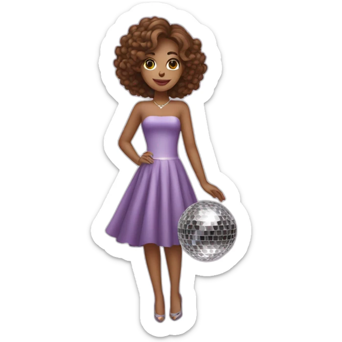 female with brown wavy hair dressed in a party dress and disco ball sticker