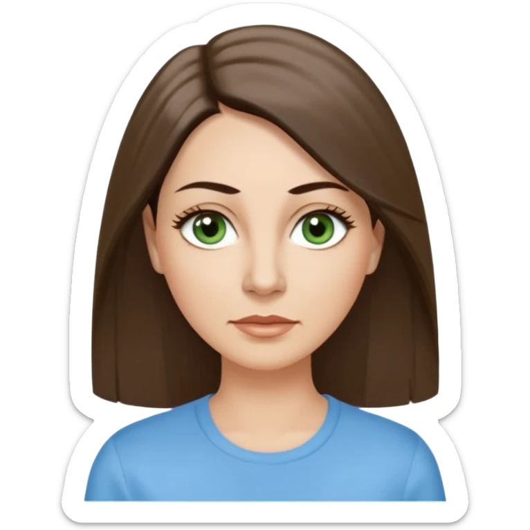 43. year old Adult woman avatar, light skin tone, long, oval face, long straight ashy brown hair, green almond-shaped eyes with dramatic eyelashes and minimal eyeliner, neutral mouth, medium straight eyebrows, small nose, smooth skin, sky blue shirt sticker