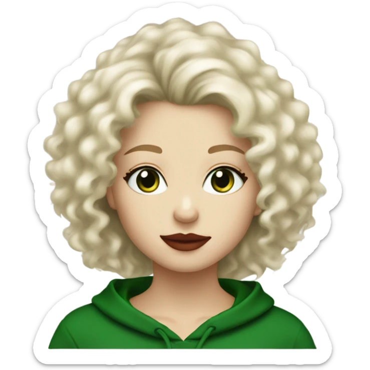 A beautiful white blond girl with fluffy hair, long length, red lips, green eyes, black hoody sticker