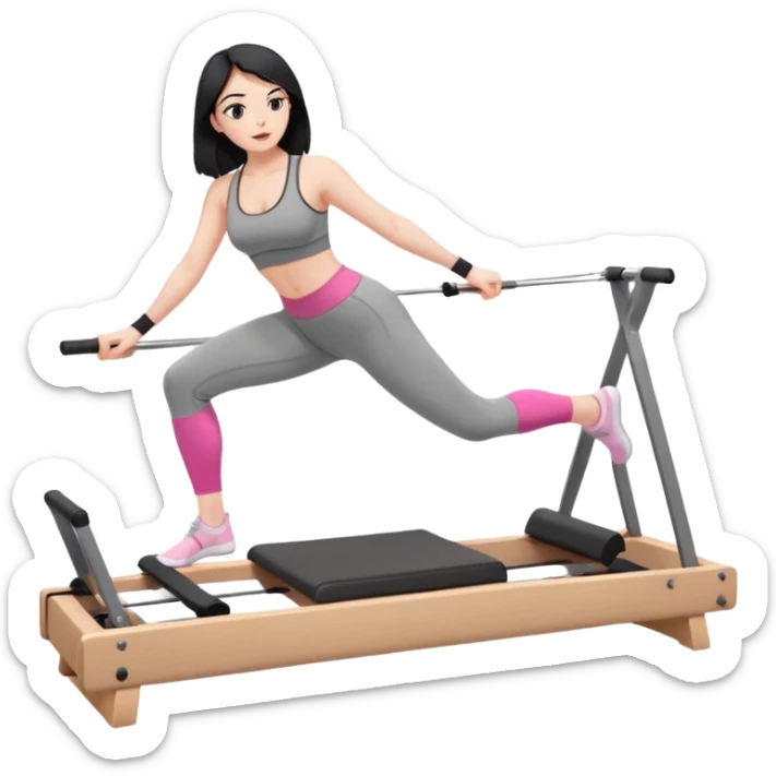 Create a Pilates emoji: a girl with fair skin and black hair, wearing a grey bra and grey leggings with pink pilates socks, on all fours on a wooden reformer. Make it look at the reformer. Make the colors neutrals. sticker