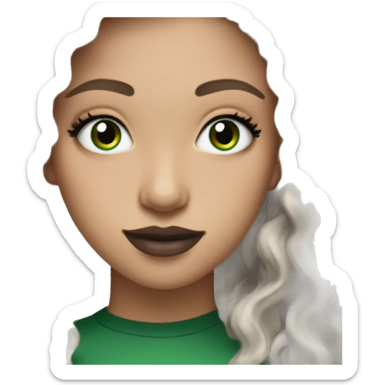 white 25-year-old pretty girl with very green eyes and black long curly hair, cute earrings, and green v-neck top, and mascara and mauve lipstick sticker