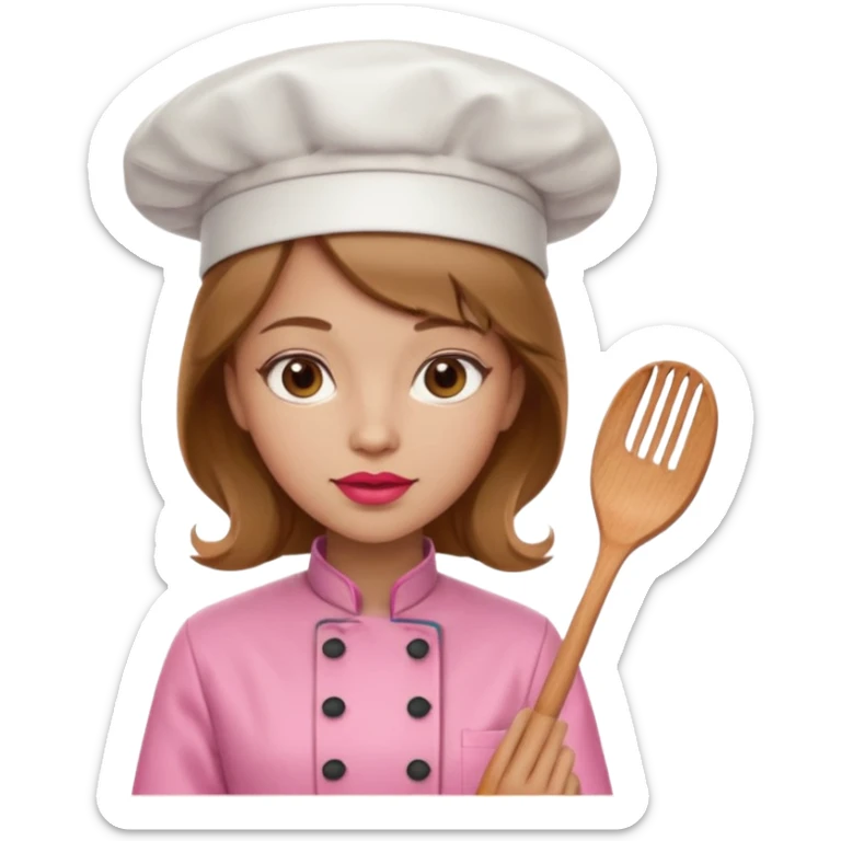 Girl in pink chef outfit, light brown hair, light skin, red lipstick sticker