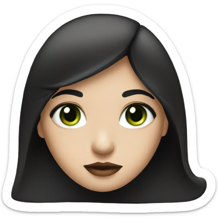 A girl has white skin, black hair and green eyes. Her lips are red sticker