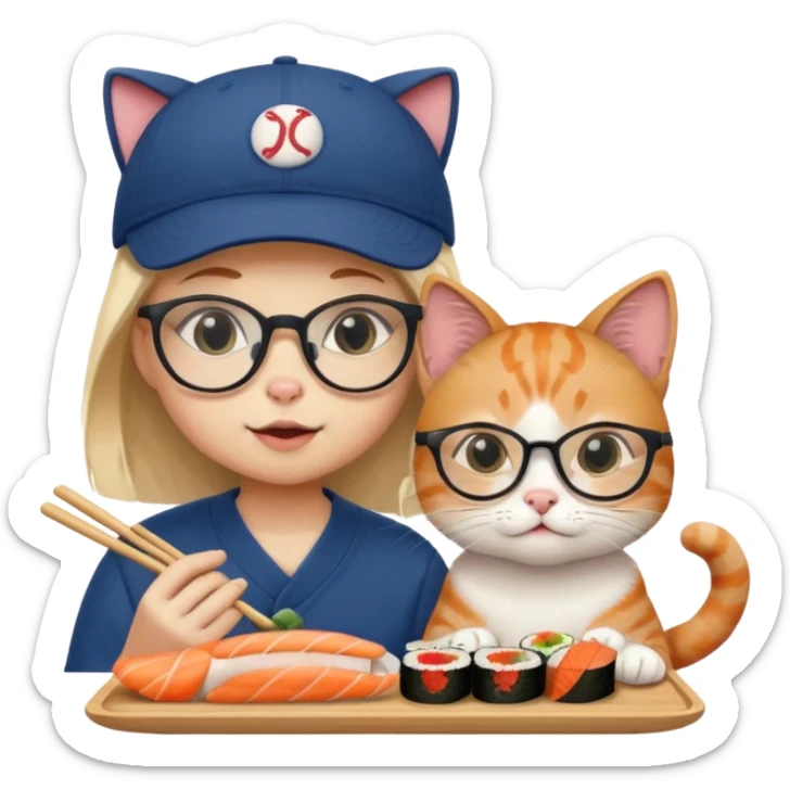 cute girl cat wearing glasses and a cute boy cat wearing a baseball cap eating sushi together sticker