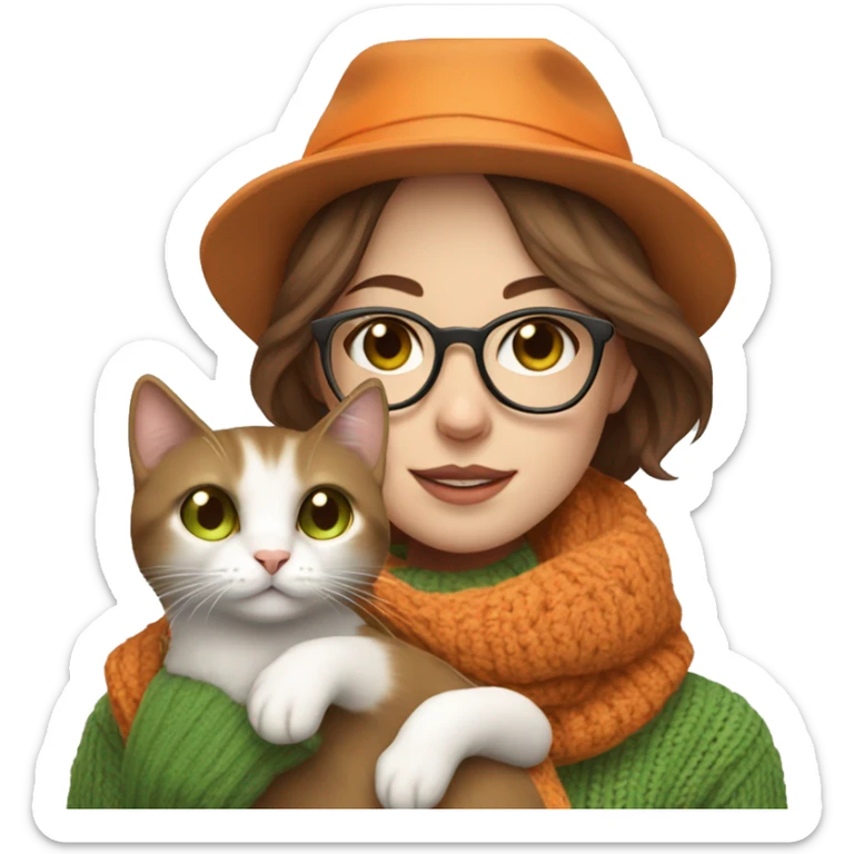 Woman with thin brown hair and a hat with glasses and brown eyes pale skin wearing a scarf and a sweater, holding an orange and white cat with green eyes sticker