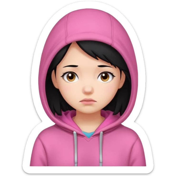 a portrait of sad girl, black hair, wear pink hoodie  sticker