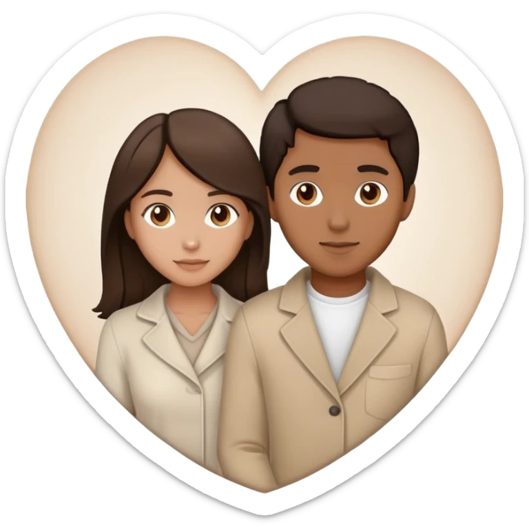A couple with dark brown hair and mixed skin tone inside a white heart, wearing beige clothes sticker