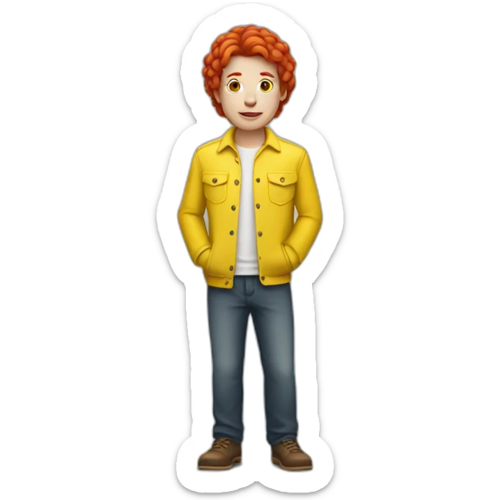 A person dressed in yellow, with red hair and white skin sticker