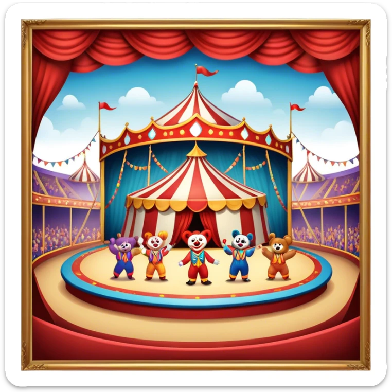 Icon for Circus Arts: a grand vibrant circus arena with acrobats, a clown, and performing bears. The icon should capture the excitement and energy of the circus, with colorful costumes and a lively atmosphere. Transparent background. sticker