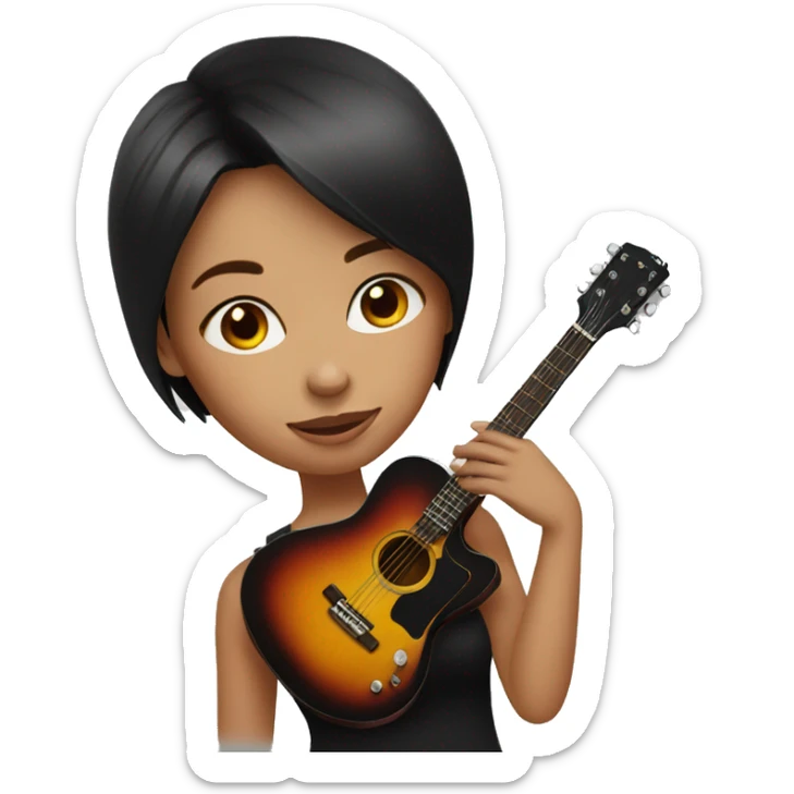 a girl wearing black have short red hair sipping, a guitar on her back, white eyes sticker