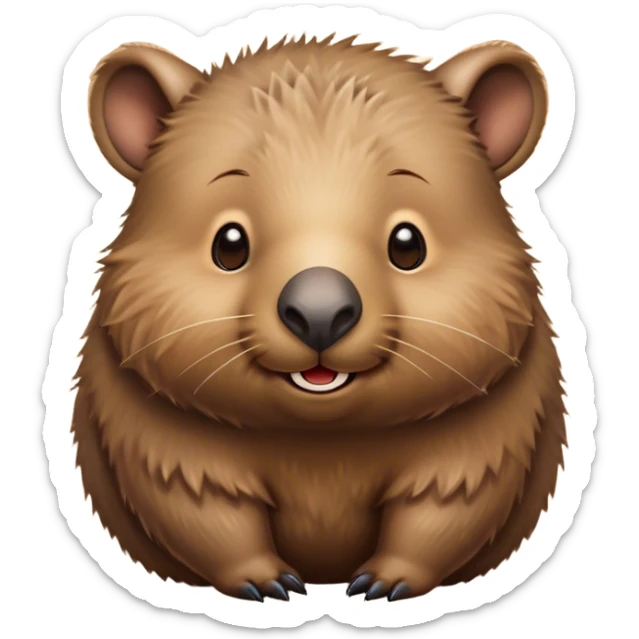 Cinematic Cute Wombat Portrait Emoji, Head tilted playfully and inquisitively, featuring a fluffy, shaggy brown fur with a round, endearing face and twinkling eyes full of gentle curiosity, Simplified yet irresistibly adorable features, highly detailed, glowing with a warm, friendly glow, high shine, affectionate and chubby, stylized with a touch of bushland whimsy, bright and endearing, soft glowing outline, capturing the essence of a mischievous yet loving wombat, so playful it feels like it could trundle out of the screen into your arms! sticker