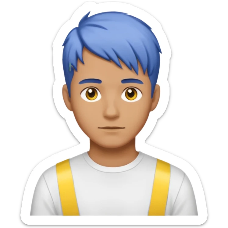 Make me an emoji that has a guy with a white shirt and yellow tape around the shirt with brown and blue hair  sticker