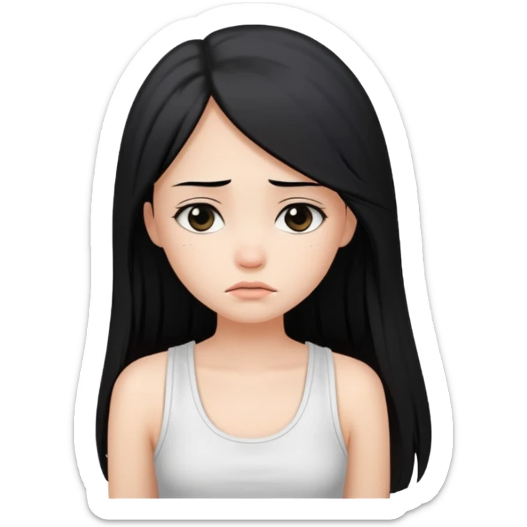 a pretty bratz fair girl with long straight black hair  with a white tank top slightly sad sticker