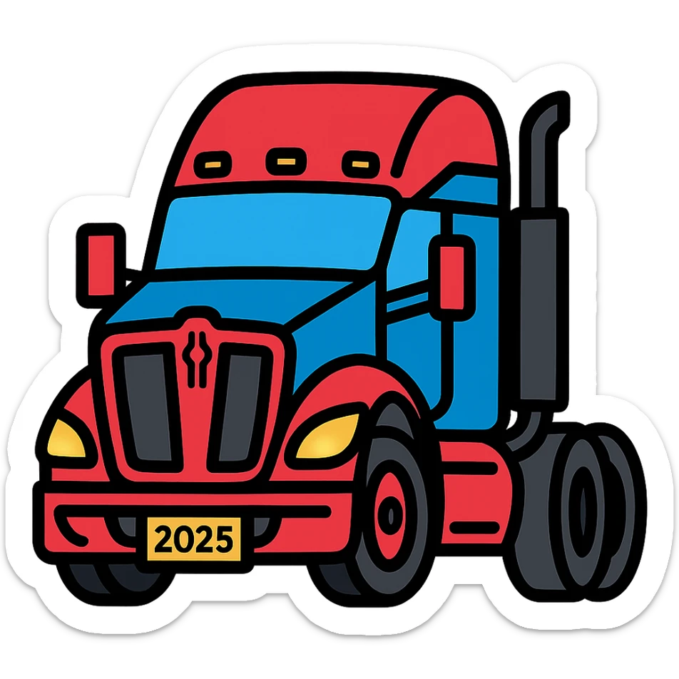 Detailed vector illustration style close-up of a 2025 Kenworth T680 truck in black, 45-degree front angle, headlights on, no background. sticker
