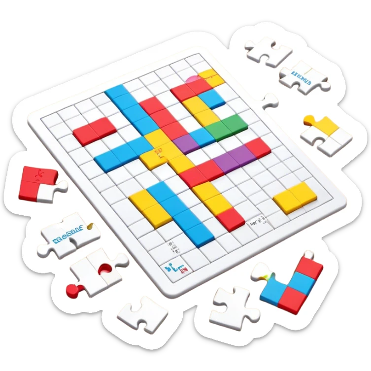 A colorful puzzle piece, a crossword magazine, a 3D puzzle, and a partially completed puzzle picture on a table. Bright colors, minimalist design, modern style. Transparent background, suitable for puzzles and brain games. sticker