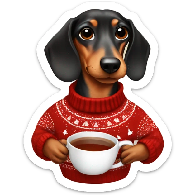 Dachshund in a Christmas sweater with a Christmas cup of tea sticker
