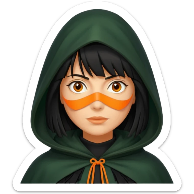traitor tv show, person wearing dark green cloak with hood up who looks like claudia winkleman orange skin tone and thick black fringe no orange on the cloak  sticker