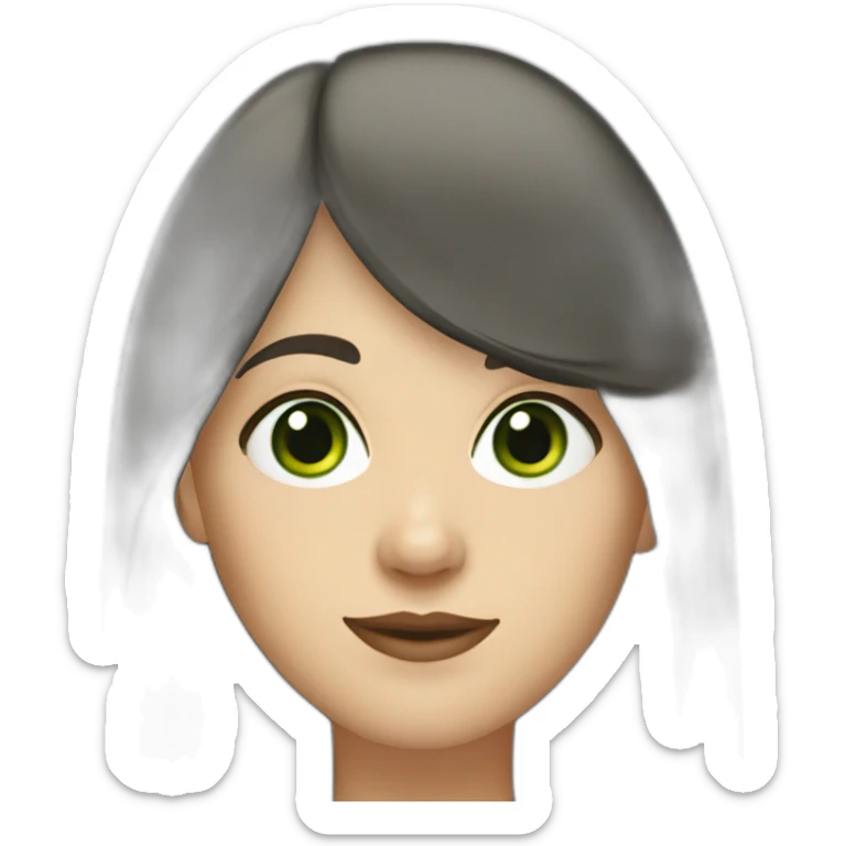 40 year old white woman with green eyes long dark hair and a fringe and oval shape face sticker