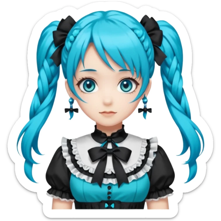 anime-style female character with bright turquoise hair styled in twin tails and matching blue eyes. Her outfit is a frilly turquoise and black dress in a Lolita-esque style, heavily contrasted with black ribbons and trim. A key detail is the prominent "AWP" logo printed in black on the chest, sticker