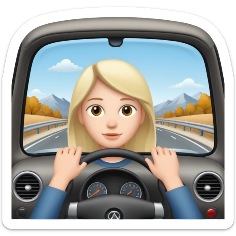 Crea un emoji con fondo transparente en PNG de una persona manejando un vehículo, que se vea desde el parabrisas frontal. sticker