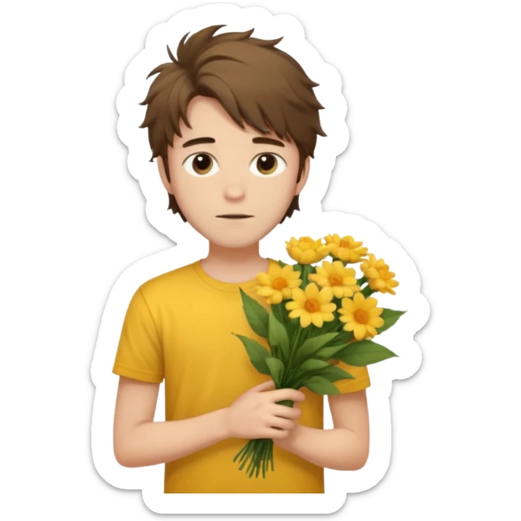 generate an ios genmoji of a 20 year old fair boy with brown long and messy hair with faint beard on cheeks. carrying a flower bouquet, wearing a yellow tshirt, looking shy.  sticker
