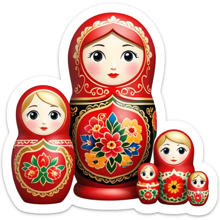 Wood painting icon, painted wooden matryoshkas (nesting dolls) of various sizes, vase, small wooden box, visible carving tools, paintbrushes, traditional patterns in bright colors like red, gold, and black, no finished artwork, just the crafting process, minimalistic style, clean lines, transparent background. sticker