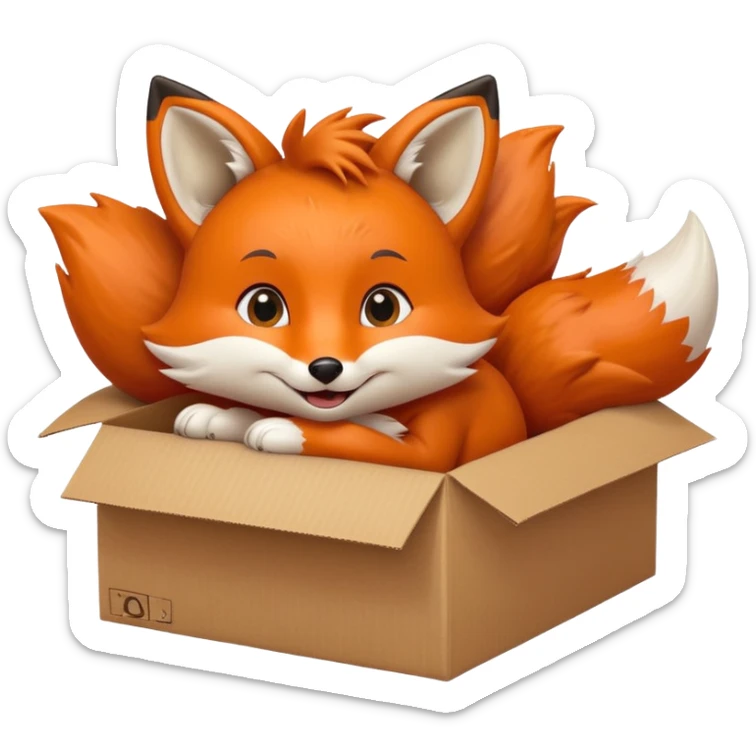 playful fox curled up in a cardboard box, big eyes, kids toy vibe sticker