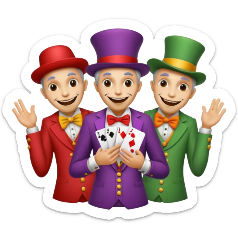 3 poker cards, with crazy colorful human jolly jokers inside, face and body only sticker