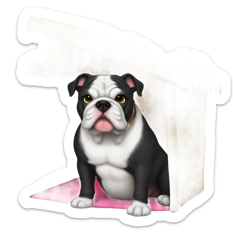 Black furred English bulldog hanging out in a cabana sticker