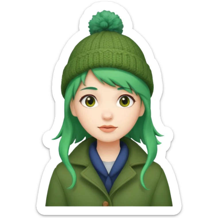 Girl with green hair wearing winter coat and a woolen hat with a relaxed posture and friendly face sticker
