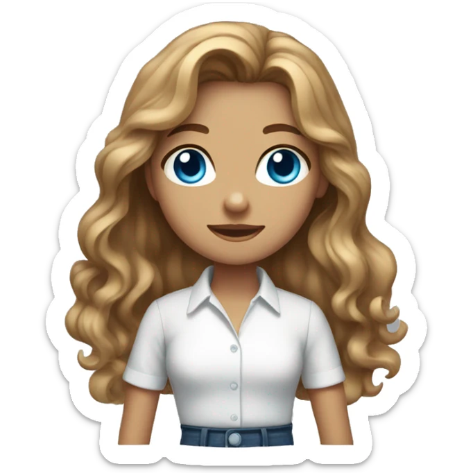 girl with long light brown wavy hair blue eyes wearing a white shirt sticker