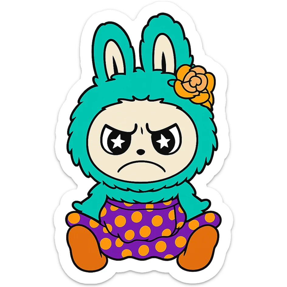 Change only the facial expression of the teal bunny character to an angry, frowning look. Keep the character, pose, and all colors exactly the same as the original. Do not change any other details. Transparent background. sticker