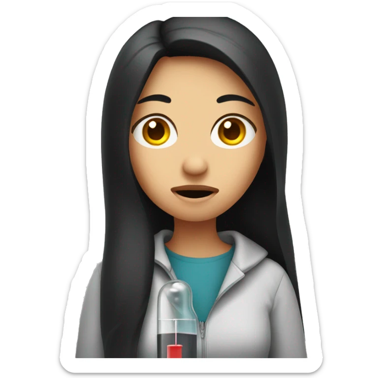 A woman with long dark hair with a thermometer in her mouth and sad look on face sticker