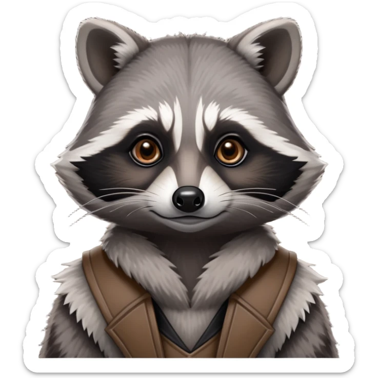 Cinematic-Noble-Raccoon-Portrait-Emoji – Poised and confident, with a sturdy build and a beautifully textured fur of silver-grey accented by dark black facial markings, deep-set, intelligent brown eyes, simplified yet sharp and sophisticated zoom out to show shoulders sticker