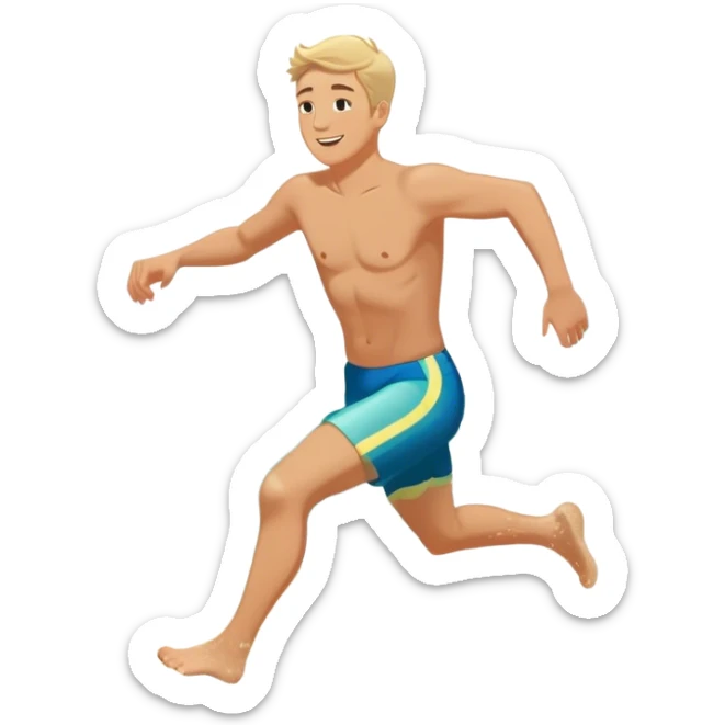 A white man running into the ocean, embracing the waves and the moment. The sun shines warmly, and the water sparkles, symbolizing the joy of creating fun and appreciating life’s simple moments. Their footprints in the sand fade as they fully immerse themselves in the present. sticker
