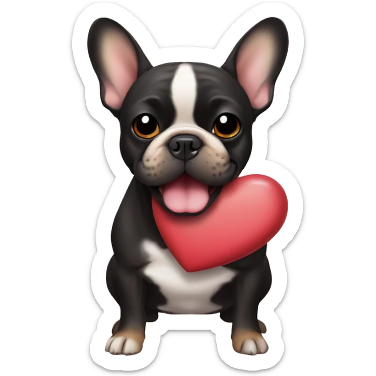 Black and tan colored French bulldog holding Valentine in mouth sticker