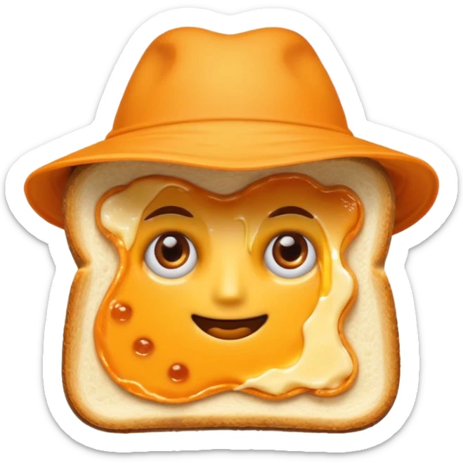 a toastie with melted cheese on the rim and an orange hat and two eyes in left  sticker