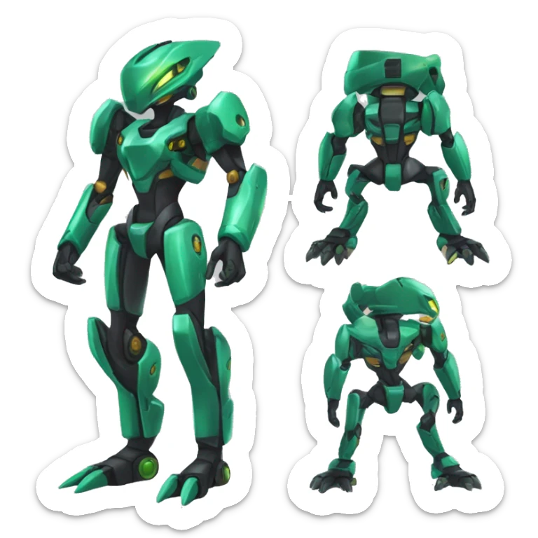 a shiny black-green Genesect-Raptor-Fakémon-Medabot-hybrid with a futuristic visor-helmet full body sticker