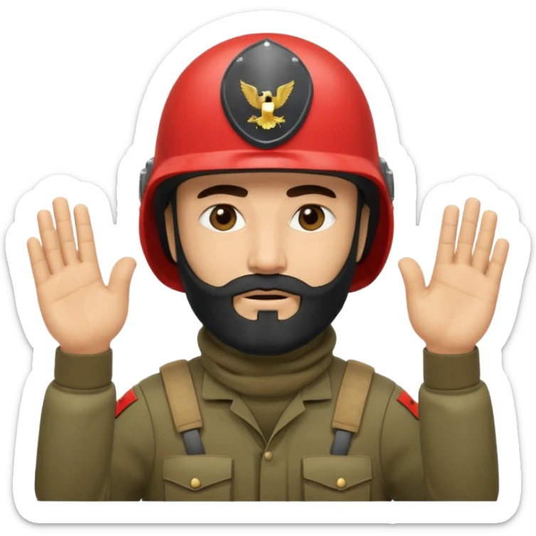 surrenders, depicts an Iraqi soldier from 1980, with a beard, in a helmet, a helmet without signs, with a balaclava, with sad eyes and raised hands sticker