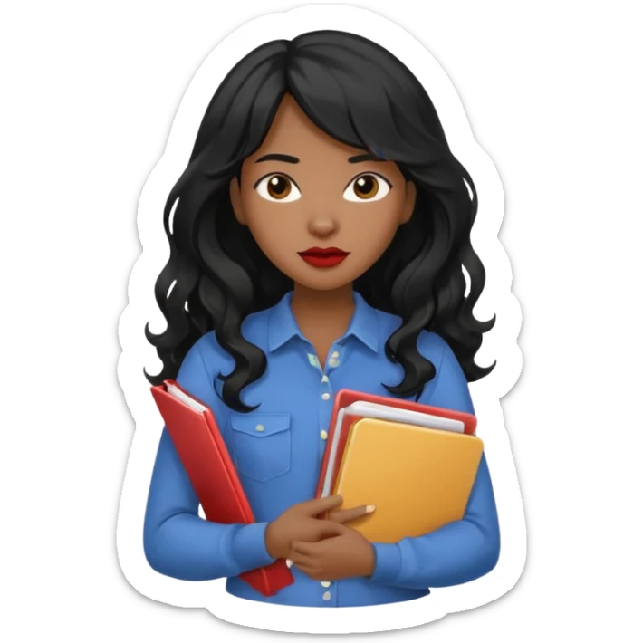 A young woman with long black hair, a wavy frange falling on half of her head. There's a long wavy stretch of hair falling on the side of her head. She's black, medium to dark skinned with thick lips. She's holding folders, and she's a CEO, but she's wearing casual clothes. sticker