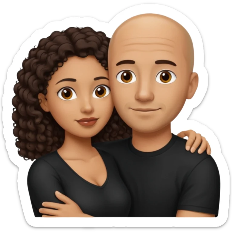 A picture of a tanned couple embracing. the man is a Mexican man with tanned skin, a bald hair cut, short beard and wearing a black shirt. the woman is mixed, with long curly dark brown hair and with big boobs  sticker