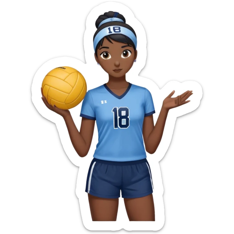 girl volleyball player with dark skin and black hair in a bun with a light blue headband, white and navy blue jersey with the number 18, navy blue shorts, and a volleyball in her hand sticker