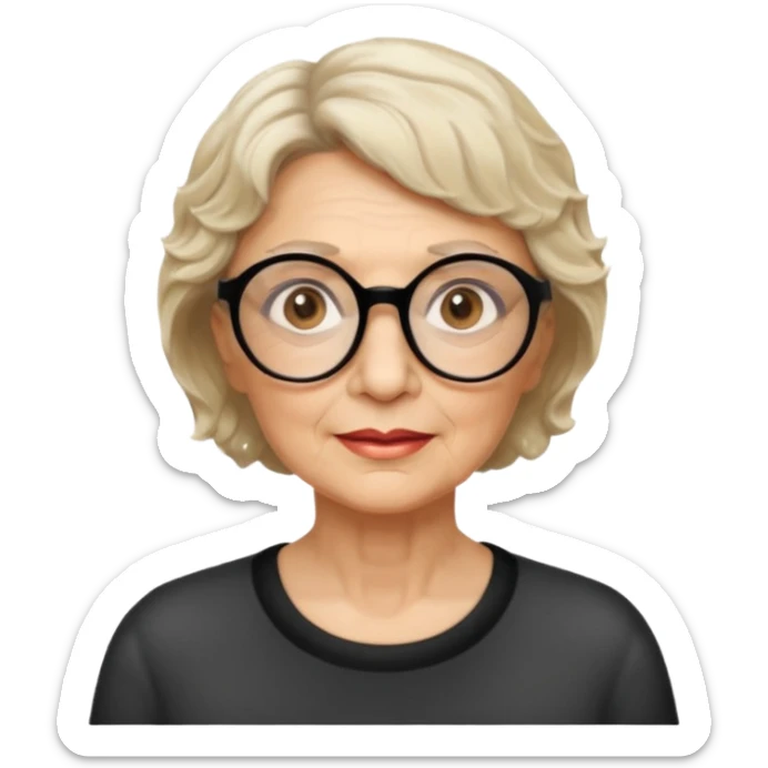 woman 70 years old, very short blonde weavy hair, brown eyes and round dark glasses sticker