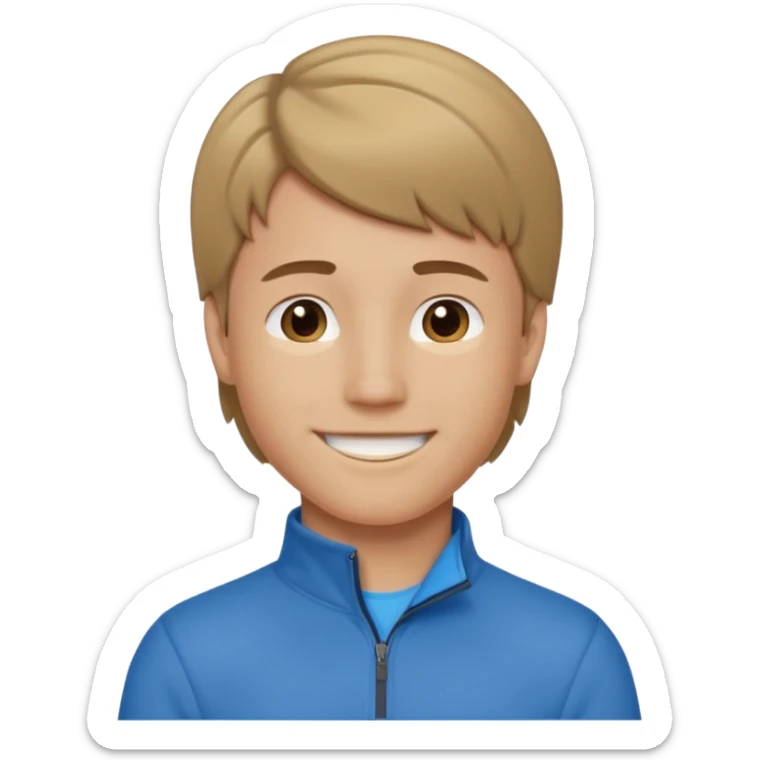 boy with dark blonde hair in a mullet with a neat blue undershirt and brown quarter zip sticker