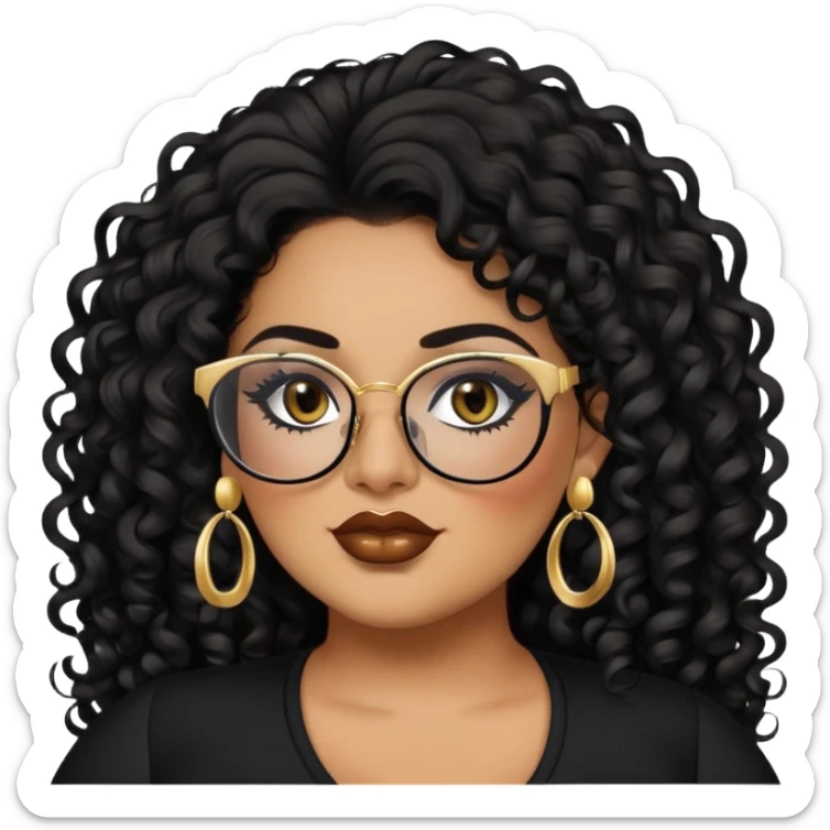 big plus size, latina, darker tan skin, long black curly hair, baddie,pretty, makeup, lipliner, black eyeliner, long hair, gold earrings, black top, black glasses sticker